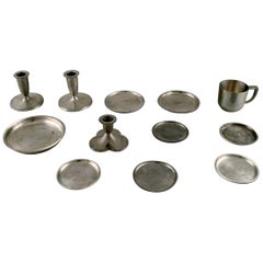 Vintage Just Andersen, Three Candlesticks, Eight Bottle Trays and a Mug in Pewter