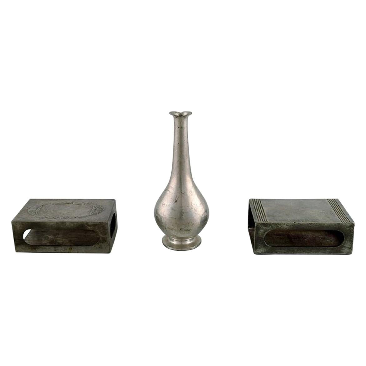 Just Andersen, Two Matchbox Holders and a Vase in Pewter, 1930s For Sale