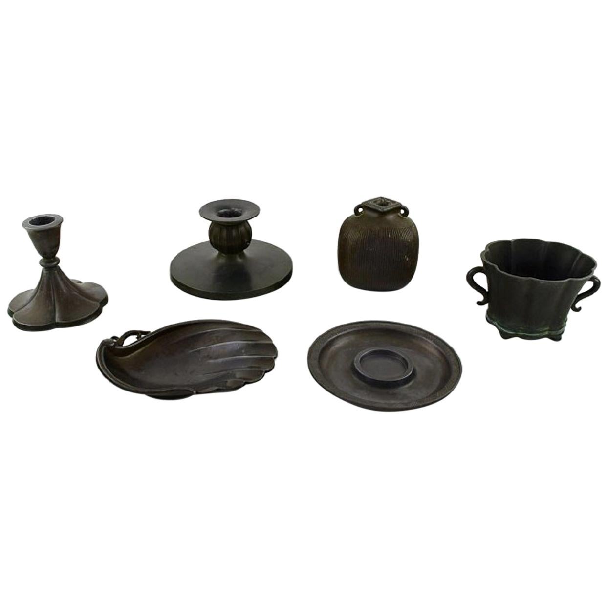 Just Andersen, Two Vases, Two Candlesticks and Two Bowls in Disko Metal