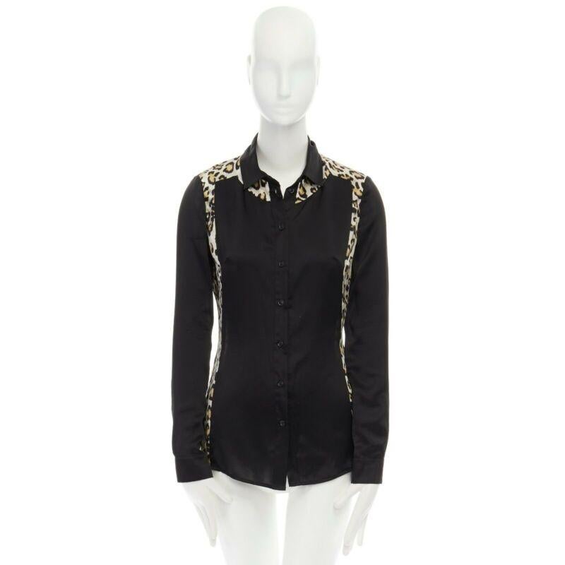 JUST CAVALLI 100% silk black leopard  button front shirt IT40 S
Reference: MYSD/A00037
Brand: Just Cavalli
Designer: Roberto Cavalli
Material: Silk
Color: Black, Brown
Pattern: Other
Closure: Button
Extra Details: 100% silk. Black with brown leopard