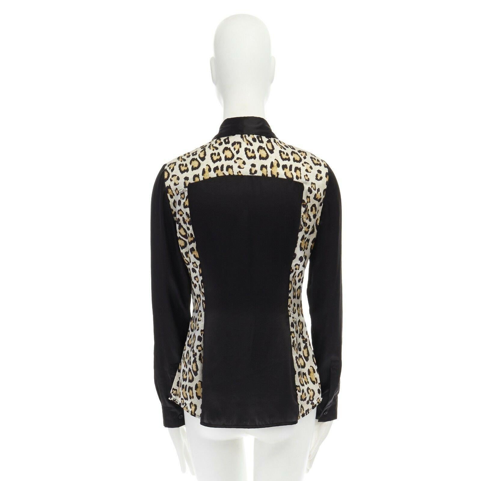 JUST CAVALLI 100% silk black leopard colorblocked button front shirt IT40 S In Good Condition For Sale In Hong Kong, NT