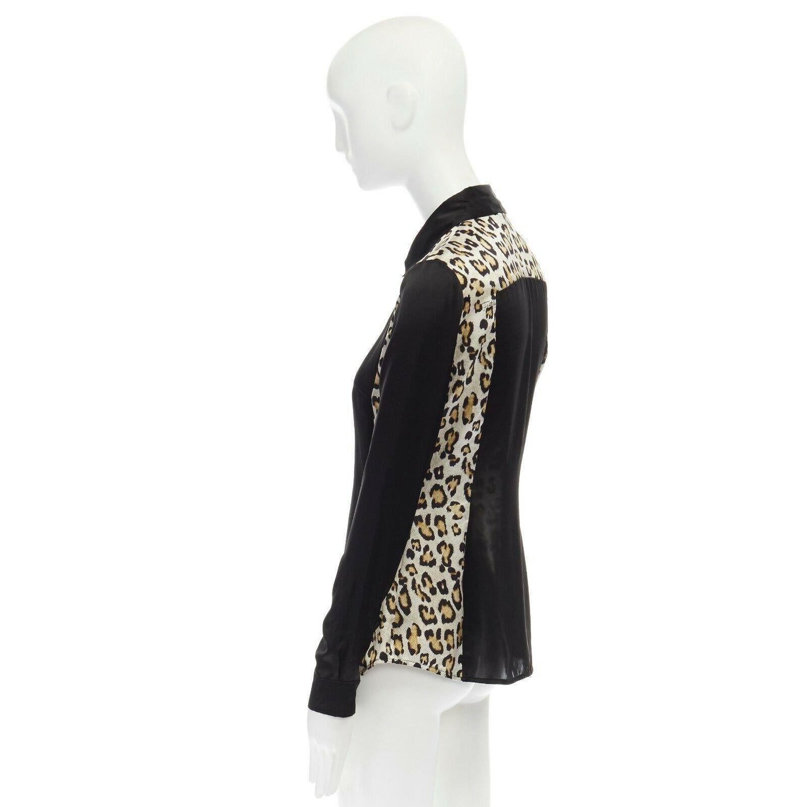 Women's JUST CAVALLI 100% silk black leopard colorblocked button front shirt IT40 S For Sale