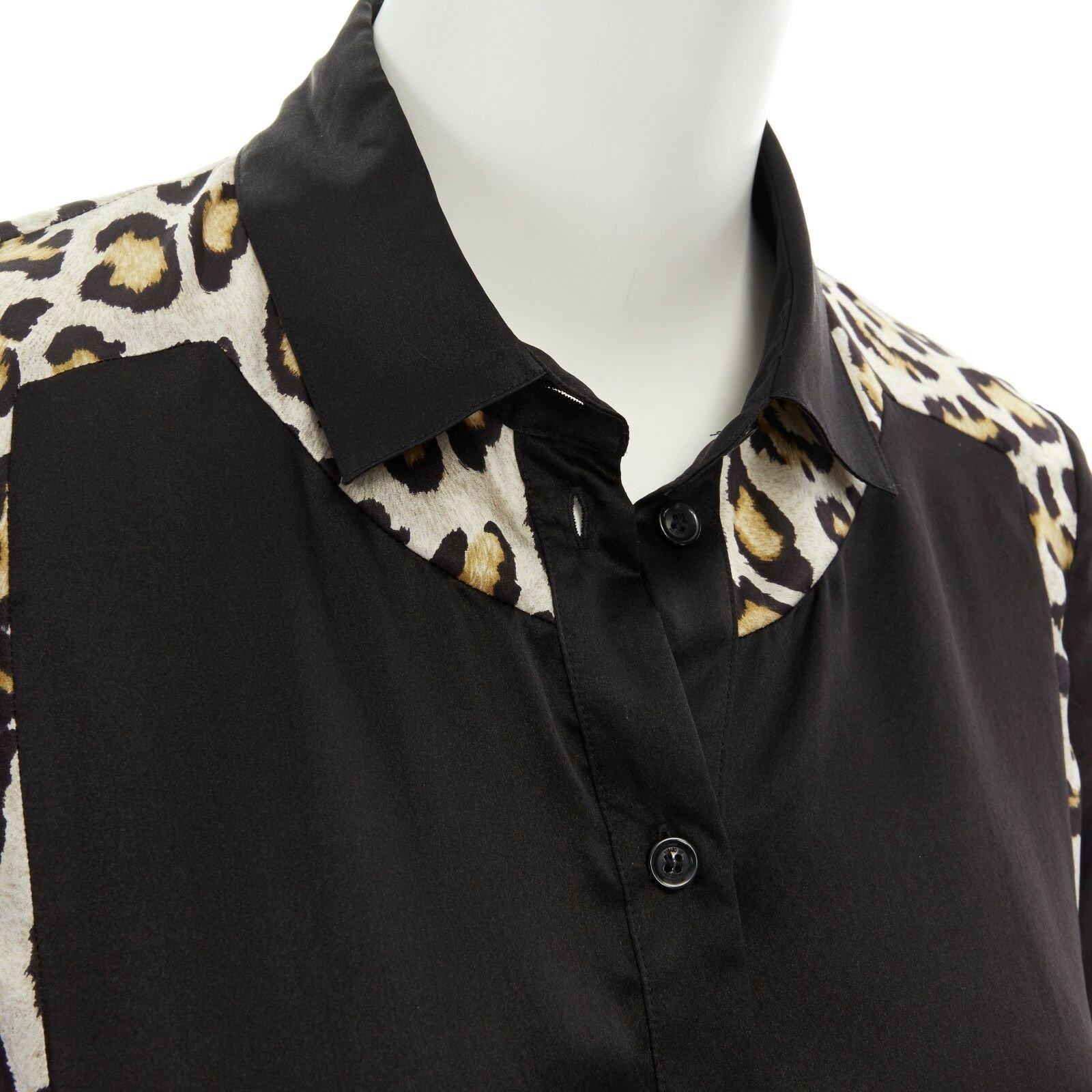 JUST CAVALLI 100% silk black leopard colorblocked button front shirt IT40 S For Sale 1