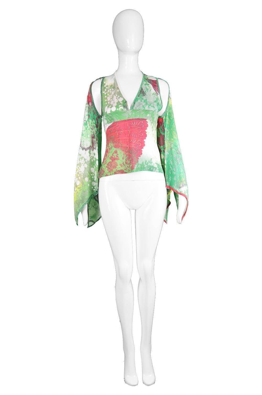 Just Cavalli Asian Long Cut Out Kimono Sleeve Green Modal Jersey Top 

Click 'Continue Reading' for size and description.

Size: Marked IT 44 which is roughly a UK 10-12/ US 6-8/ FR 38-40. Please check measurements. 
Bust - Stretches from 32 - 36” 