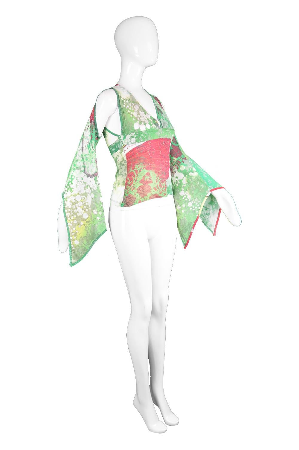 Beige Just Cavalli Asian Long Cut Out Kimono Sleeve Green Modal Jersey Top 