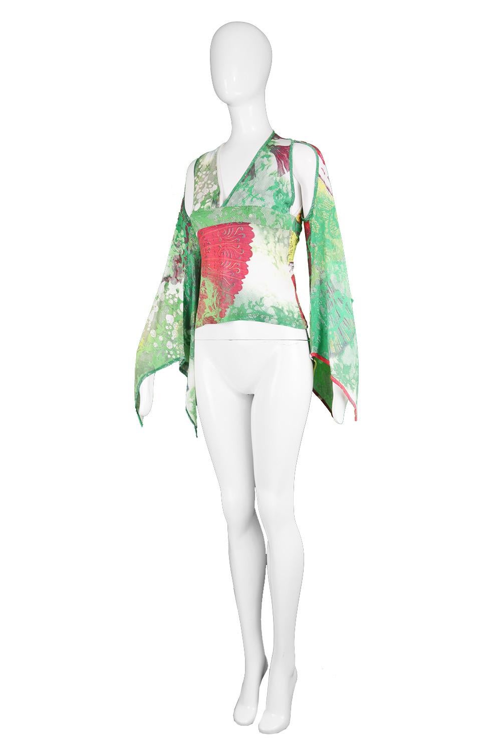 Just Cavalli Asian Long Cut Out Kimono Sleeve Green Modal Jersey Top  In Excellent Condition In Doncaster, South Yorkshire