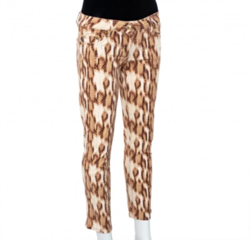 Just Cavalli Beige Animal Printed Denim Jeans M In Good Condition For Sale In Dubai, Al Qouz 2