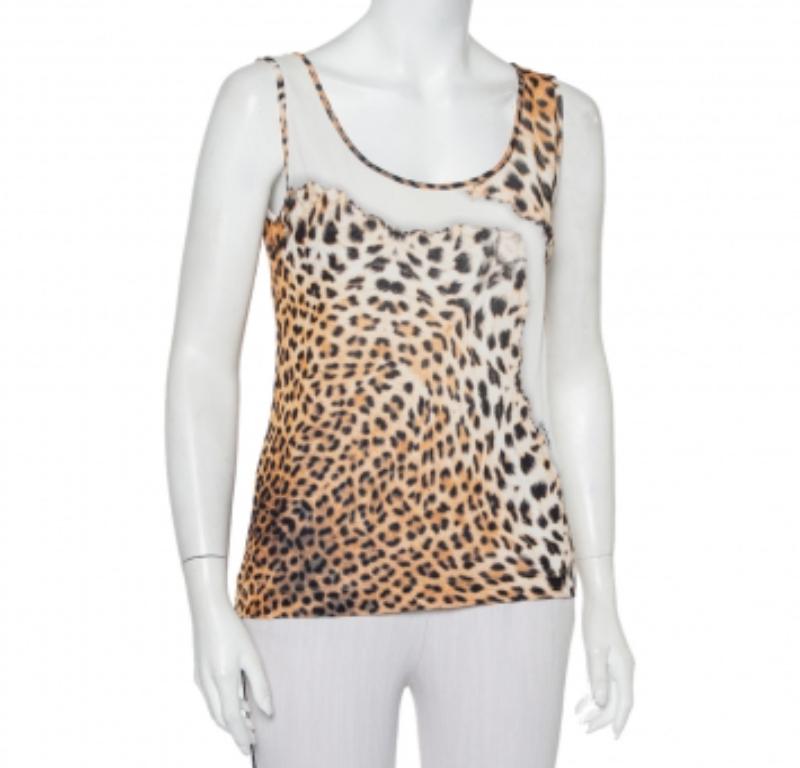 Just Cavalli Beige Animal Printed Knit Tank Top L In Good Condition For Sale In Dubai, Al Qouz 2