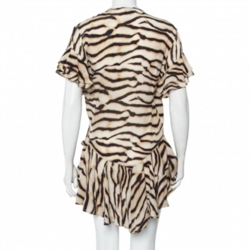 Just Cavalli Beige Animal Printed Silk Ruffled Mini Wrap Dress S For Sale 1
