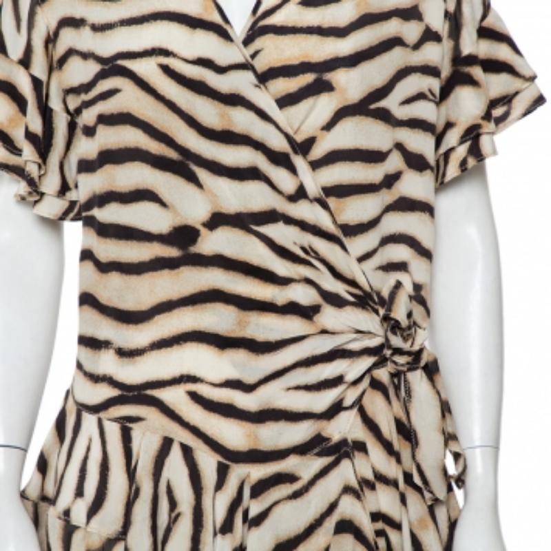 Just Cavalli Beige Animal Printed Silk Ruffled Mini Wrap Dress S For Sale 2
