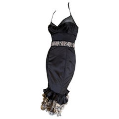 Just Cavalli Black Cocktail Dress with Ruffle Leopard Print Hem