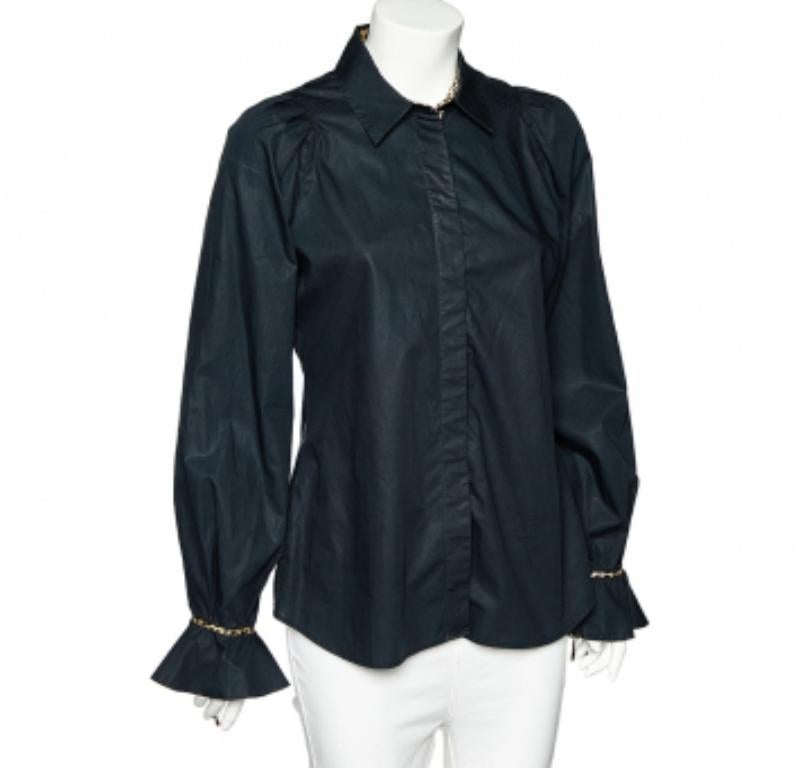 Just Cavalli - Camicia in cotone nero con stampa leopardo e bottoni sul davanti L.L.A. In condizioni buone a Dubai, Al Qouz 2