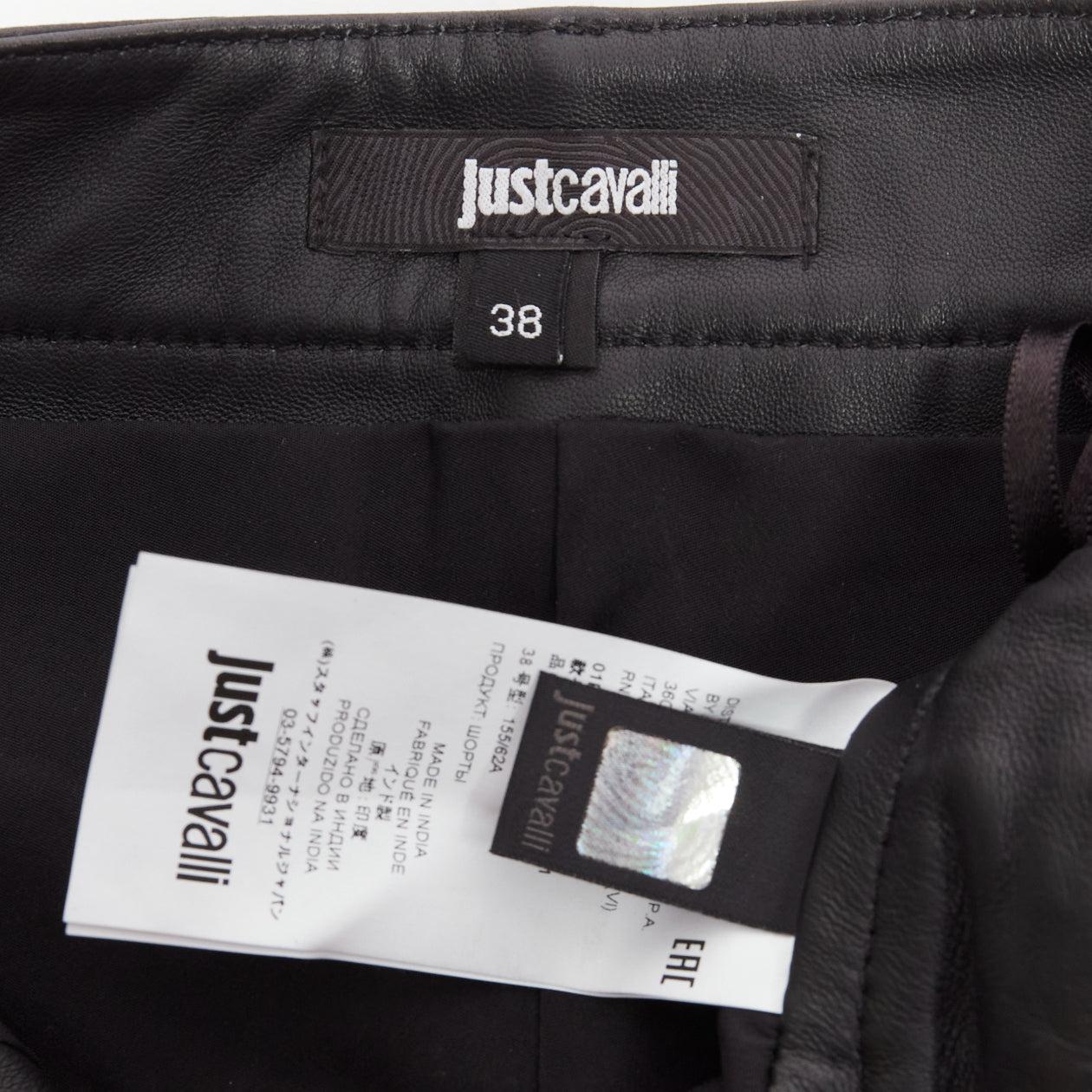 De las mujeres JUST CAVALLI black genuine leather silver zip motorcycle ribbed shorts IT38 XS en venta