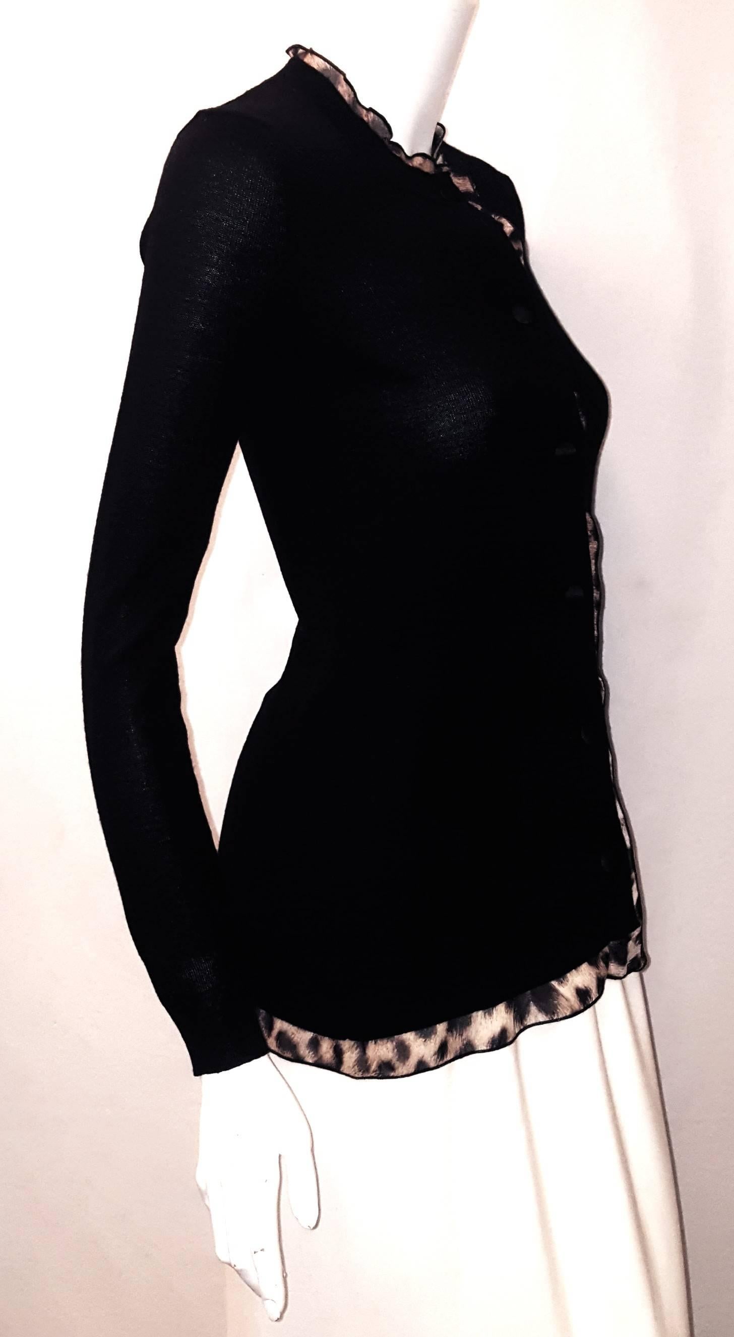 Women's Just Cavalli Black Knit Wool Long Sleeve Cardigan Mini Ruffles around Edges