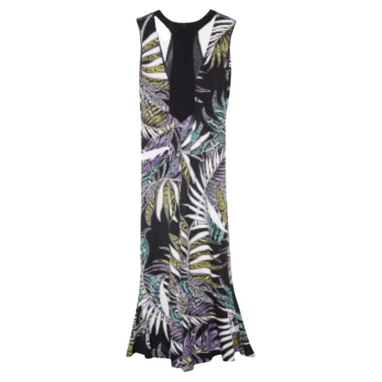 Just Cavalli Schwarzer Blattdruck Jersey Ausschnitt Maxikleid L im Angebot