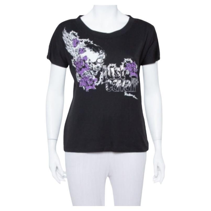 Just Cavalli Black Logo Printed Knit Zipper Detail T Shirt S For Sale