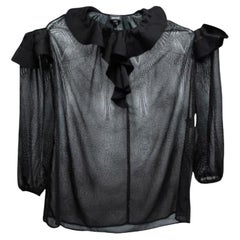 Just Cavalli Camicetta a spalla fredda in chiffon stampato nero con volant, M. I.
