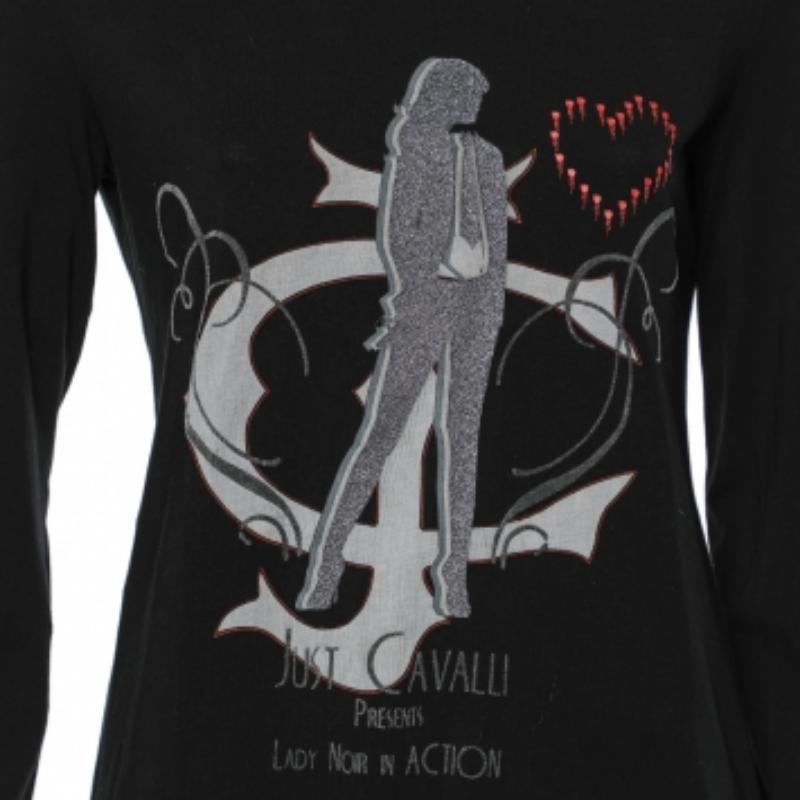 Women's Just Cavalli Black Printed Cotton Knit Long Sleeve T-Shirt XL For Sale
