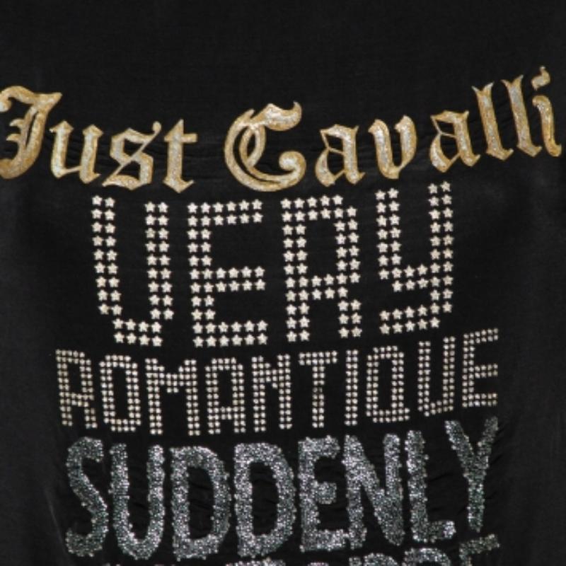 Just Cavalli Black Printed Jersey Puffed Armhole Detail T-Shirt S For Sale 2