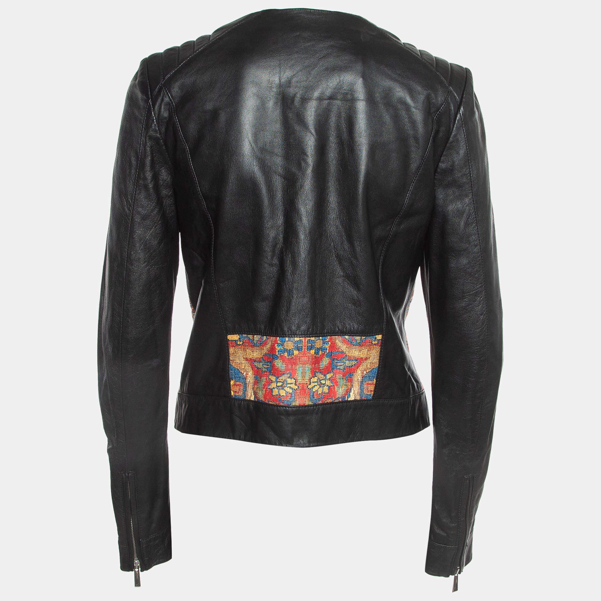 Women's Just Cavalli Black Printed Leather Zipper Jacket M For Sale