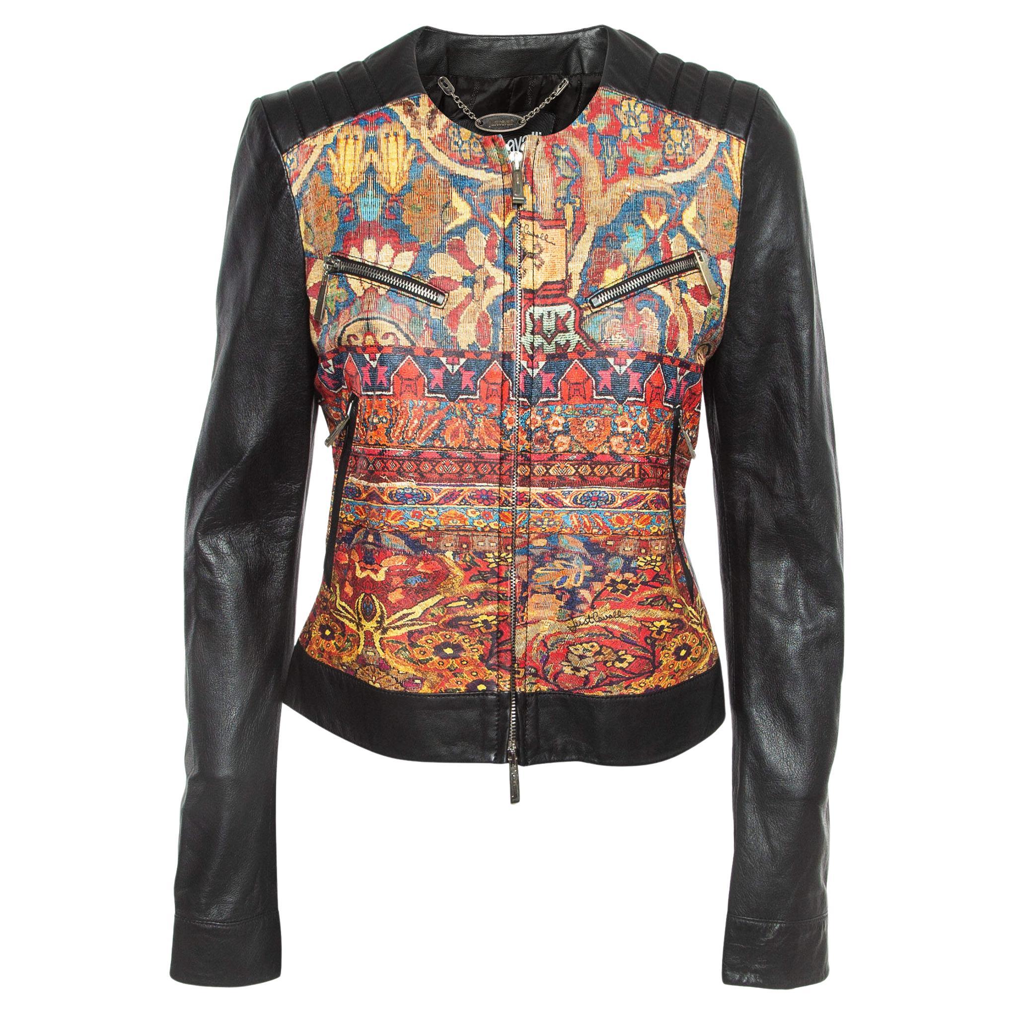 Just Cavalli Black Printed Leather Zipper Jacket M For Sale
