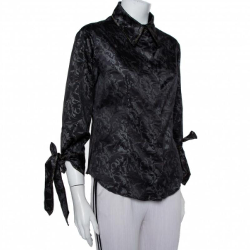 Just Cavalli Black Printed Satin Sleeve Tie Detail Shirt M In Good Condition For Sale In Dubai, Al Qouz 2