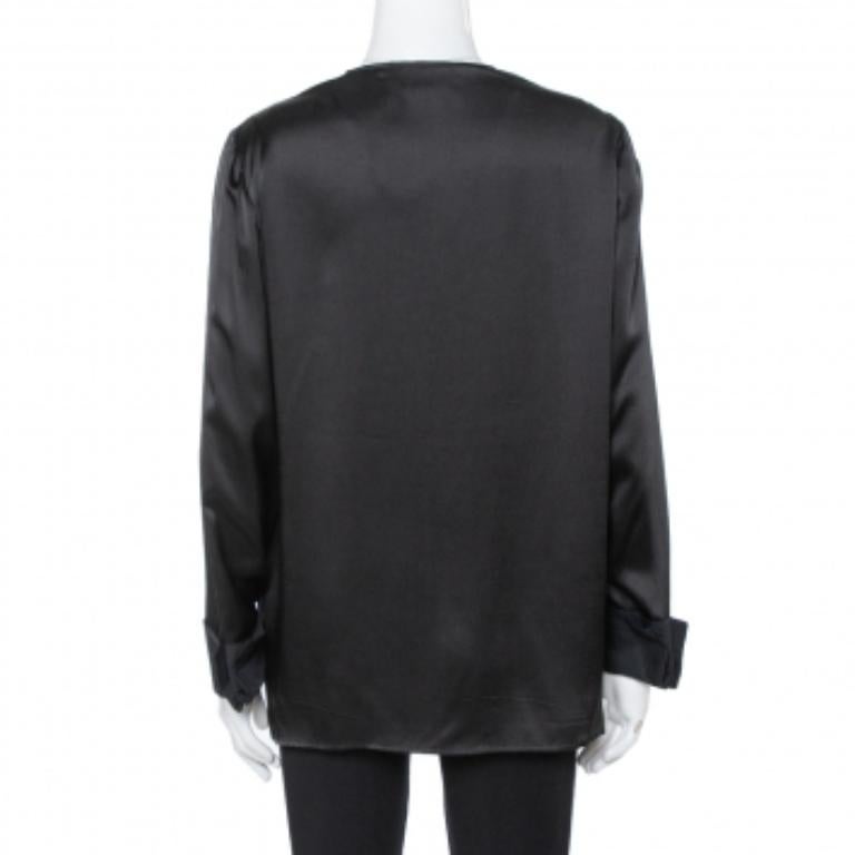 Just Cavalli Black Silk Printed Yoke Detail Long Sleeve Top M In Good Condition For Sale In Dubai, Al Qouz 2