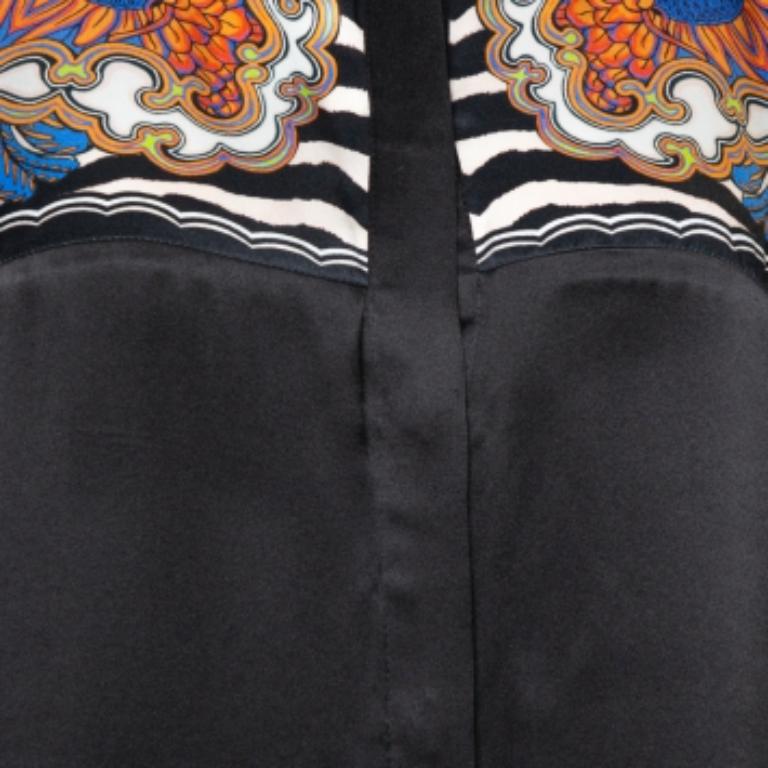 Women's Just Cavalli Black Silk Printed Yoke Detail Long Sleeve Top M For Sale