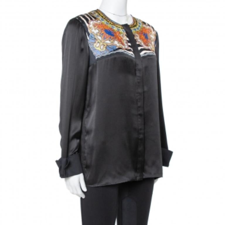 Just Cavalli Black Silk Printed Yoke Detail Long Sleeve Top M For Sale 1