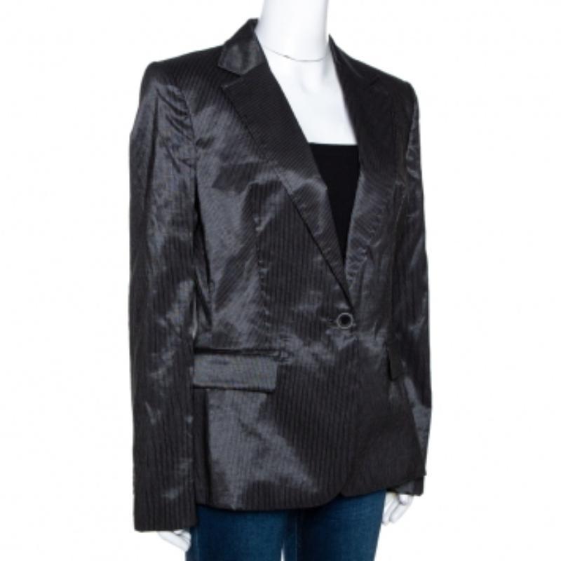Nero Just Cavalli Blazer a righe nere in cotone misto ramiè con un solo bottone L in vendita