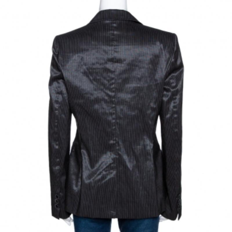 Donna Just Cavalli Black Striped Cotton Ramie Blend Single Buttoned Blazer L in vendita