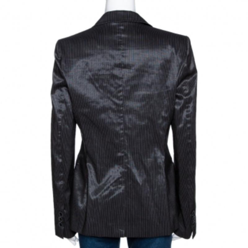 Just Cavalli Blazer a righe nere in cotone misto ramiè con un solo bottone L in vendita 1