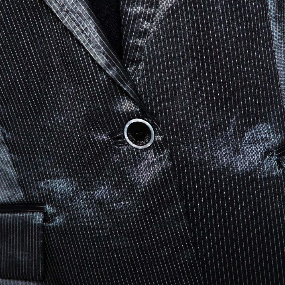 Just Cavalli Black Striped Cotton Ramie Blend Single Buttoned Blazer L 2