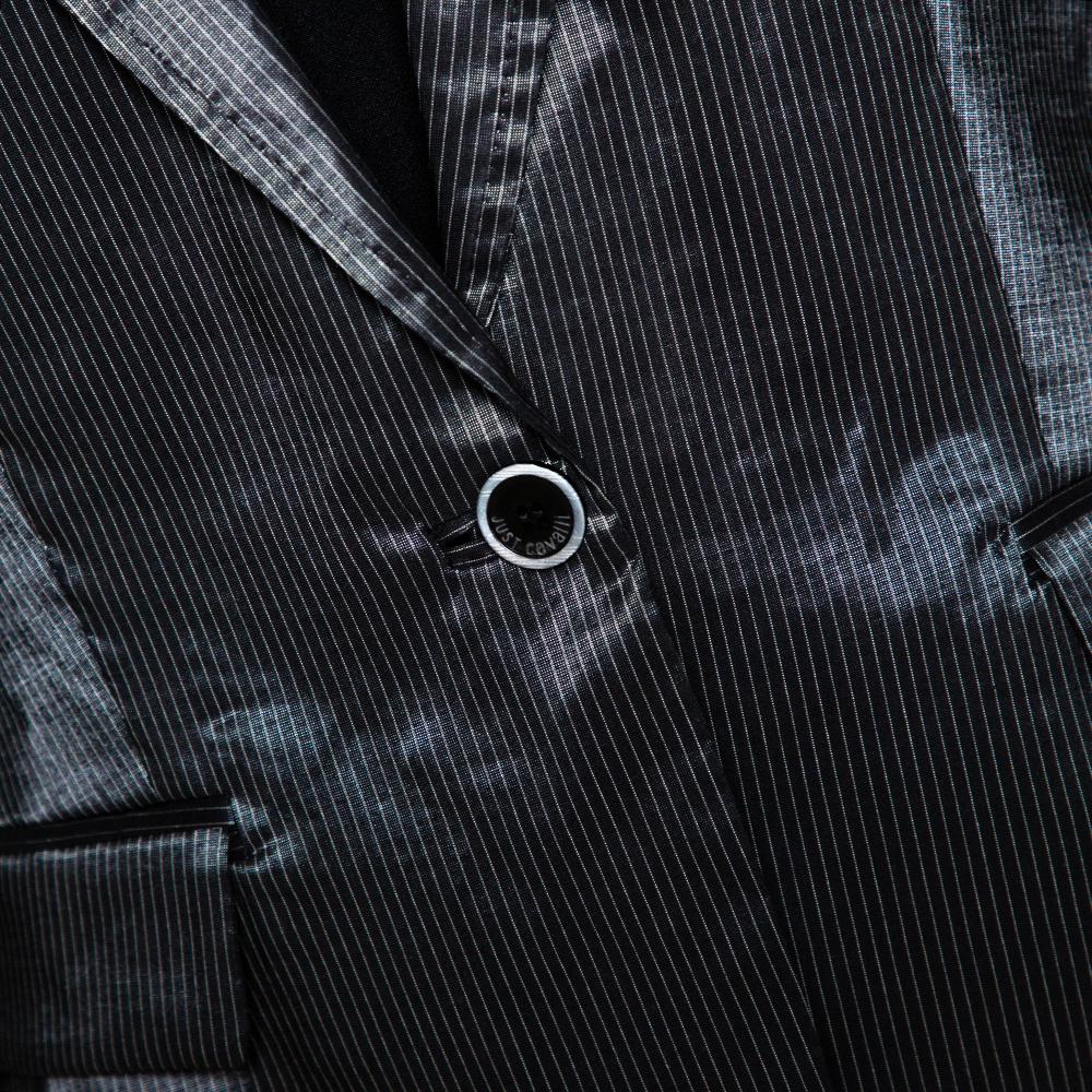Just Cavalli Black Striped Cotton Ramie Blend Single Buttoned Blazer L 2