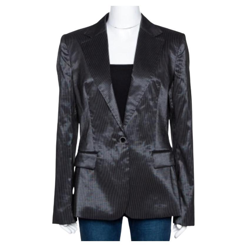 Just Cavalli Blazer a righe nere in cotone misto ramiè con un solo bottone L in vendita