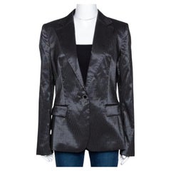 Just Cavalli Black Striped Cotton Ramie Blend Single Buttoned Blazer L