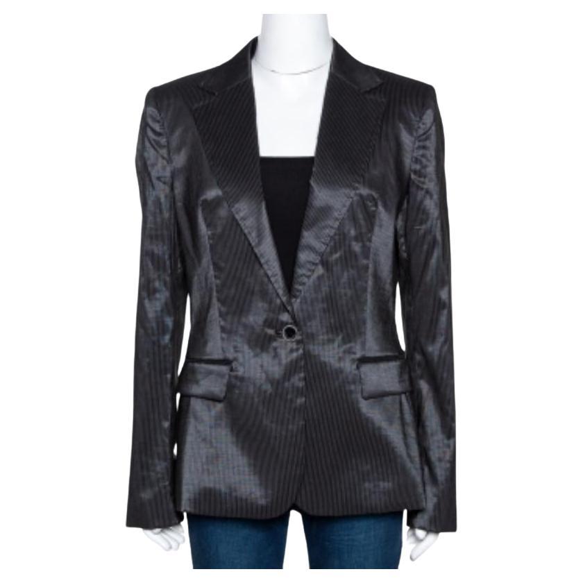 Just Cavalli Black Striped Cotton Ramie Blend Single Buttoned Blazer L in vendita