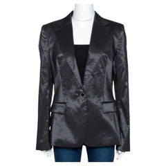 Just Cavalli Black Striped Cotton Ramie Blend Single Buttoned Blazer L