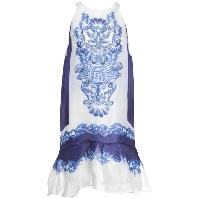 Just Cavalli Blue and White Majolica Print Sheer Silk Sleeveless Peplum Dress M