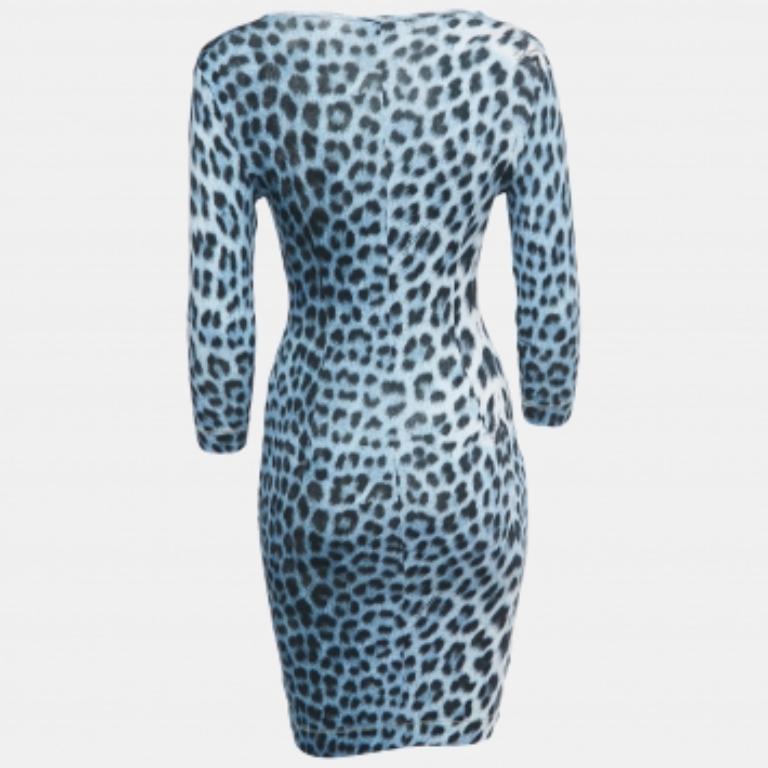 Just Cavalli Blau Leopard Druck stricken lange Ärmel Mini Kleid XS im Zustand „Gut“ im Angebot in Dubai, Al Qouz 2