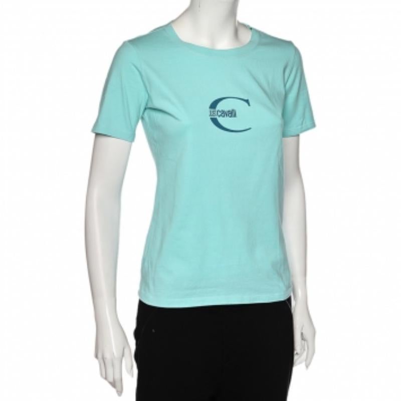 Blu Just Cavalli - Maglietta a maniche corte in cotone stampata con logo blu T S in vendita