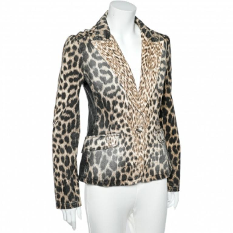 Gris Blazer en denim à boutons sur le devant, imprimé d'animaux, de couleur Brown, Just Cavalli S
