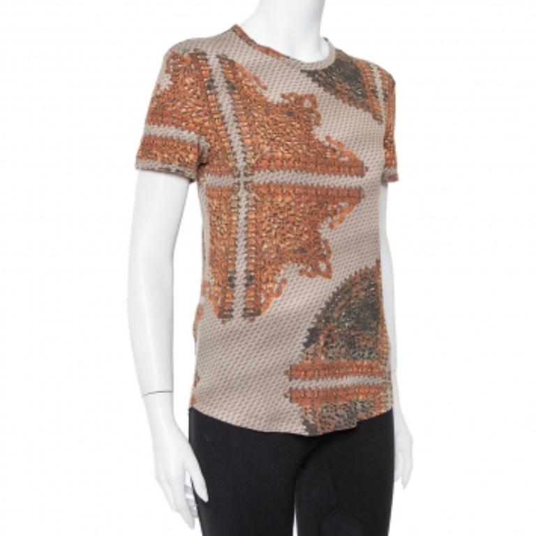 Just Cavalli Brown & Beige Printed Knit Short Sleeve Top L In Good Condition For Sale In Dubai, Al Qouz 2