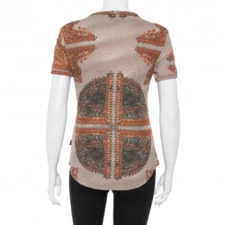 Women's Just Cavalli Brown & Beige Printed Knit Short Sleeve Top L For Sale