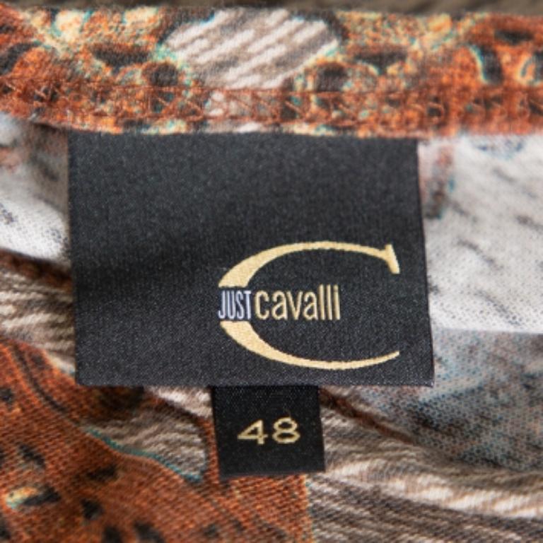 Just Cavalli Brown & Beige Printed Knit Short Sleeve Top L For Sale 1