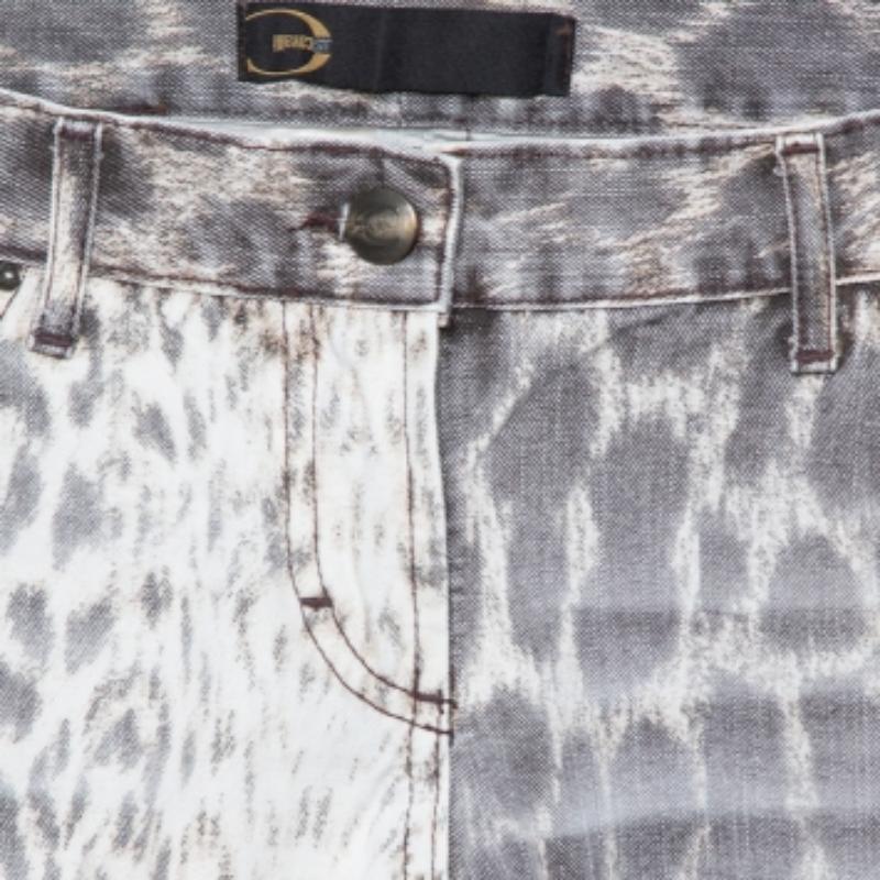 Women's Just Cavalli Brown/Green Animal Print Light Wash Flared Bottom Jeans S For Sale
