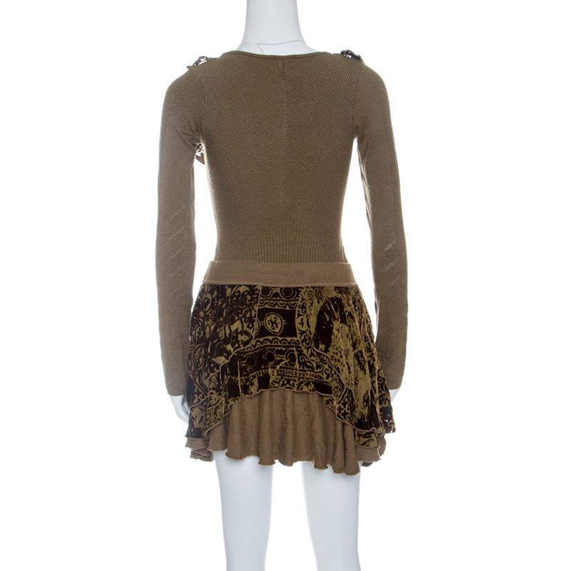 Black Just Cavalli Brown Knit Burnout Velvet Flounce Detail Top and Skirt Set M