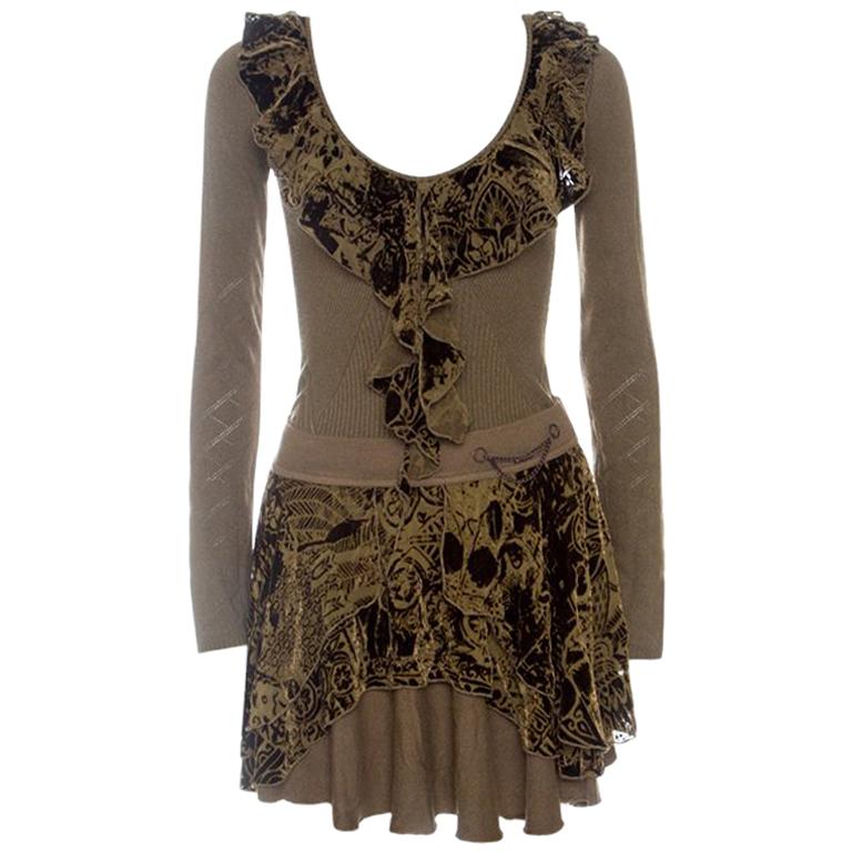 Just Cavalli Brown Knit Burnout Velvet Flounce Detail Top and Skirt Set M