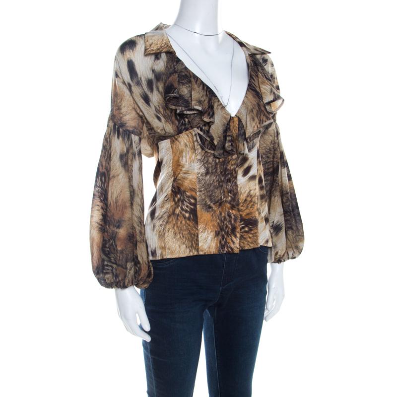 Gray Just Cavalli Brown Leopard Print Chiffon Ruffle Collar Detail Blouse M