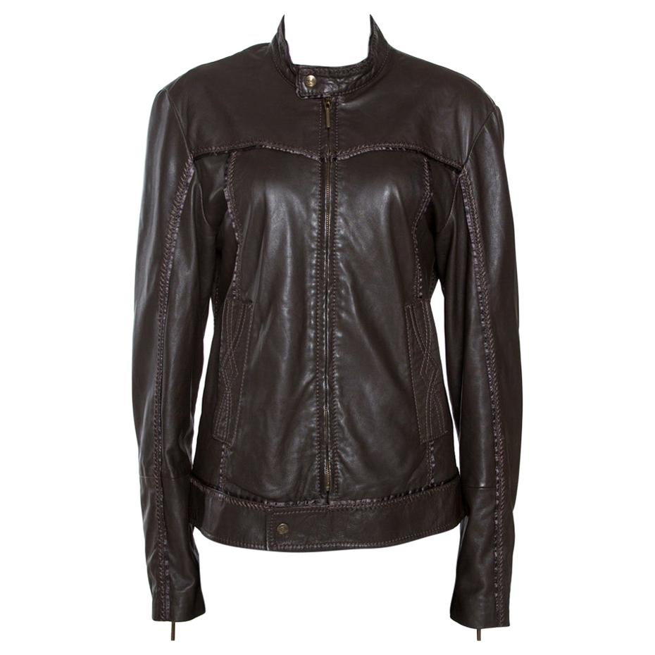Just Cavalli Brown Nappa Leather Zip Front Jacket S